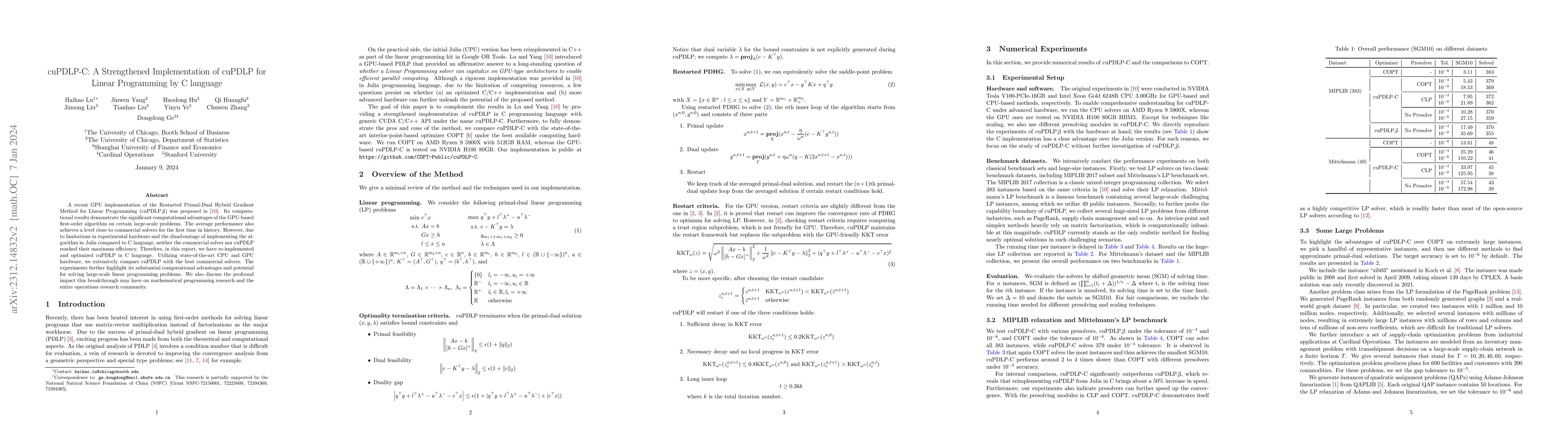 Thumbnail for cuPDLP-C: A Strengthened Implementation of cuPDLP for Linear Programming
  by C language