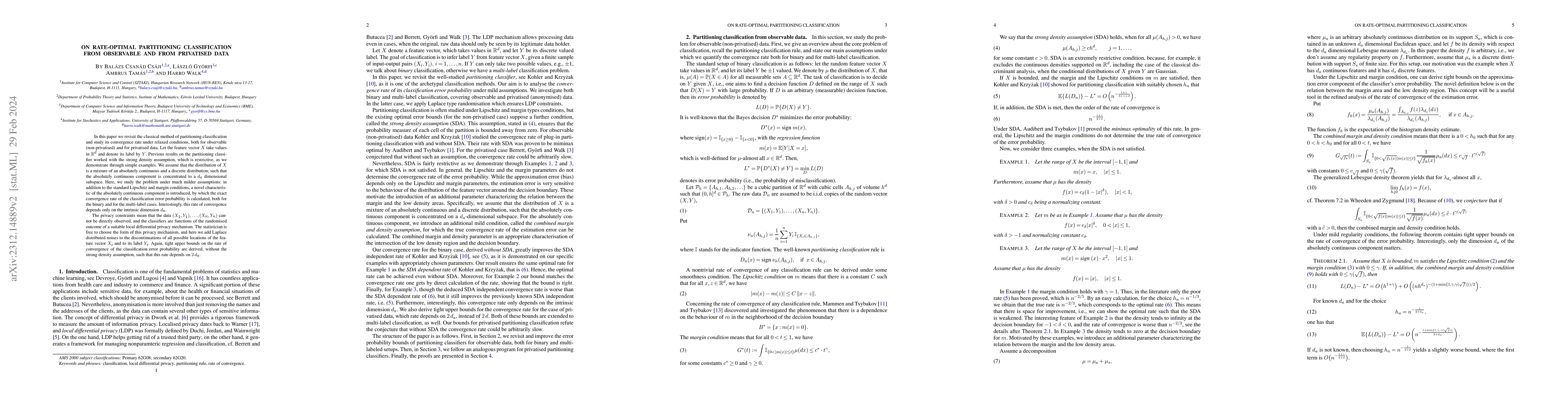 Thumbnail for On Rate-Optimal Partitioning Classification from Observable and from
  Privatised Data