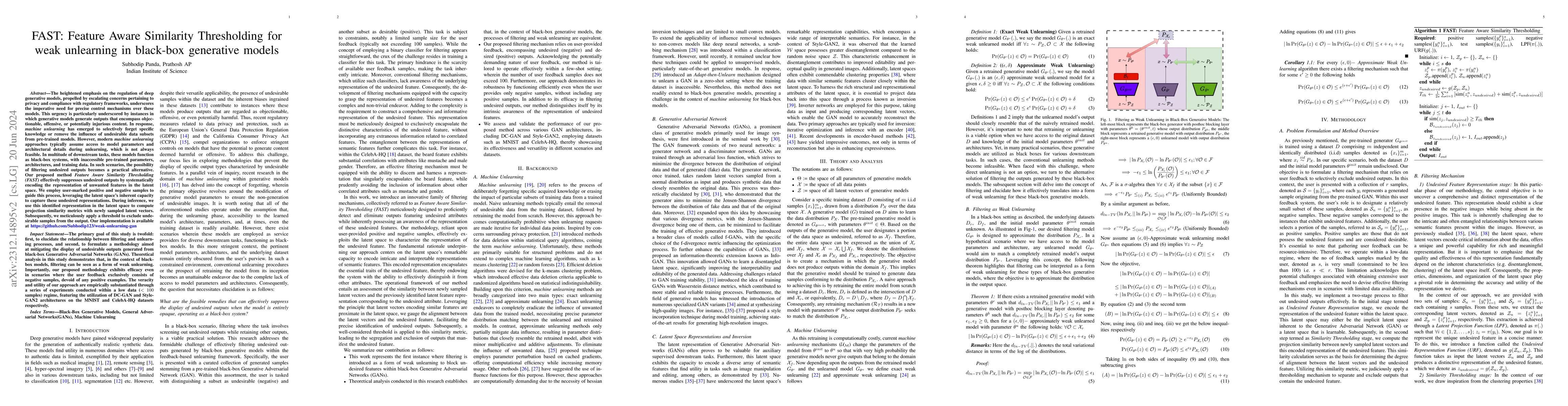 Thumbnail for FAST: Feature Aware Similarity Thresholding for Weak Unlearning in
  Black-Box Generative Models
