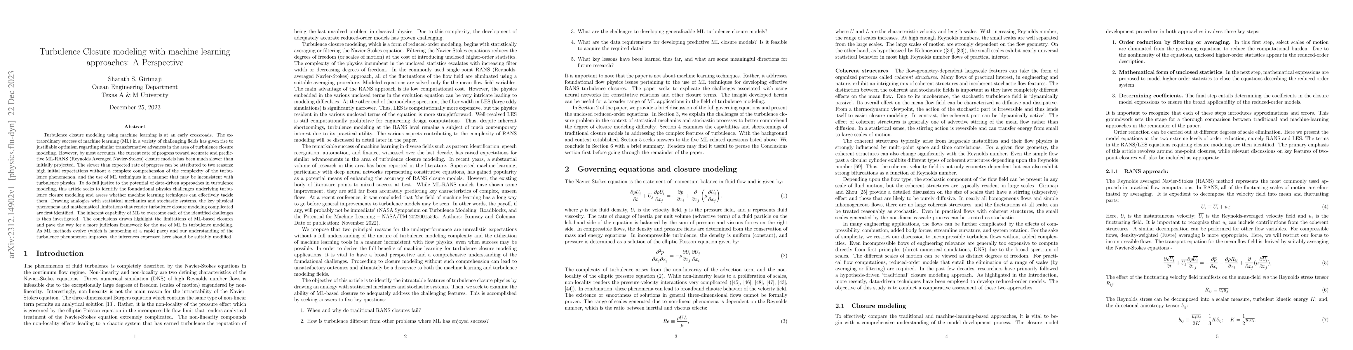Thumbnail for Turbulence closure modeling with machine learning approaches: A
  perspective