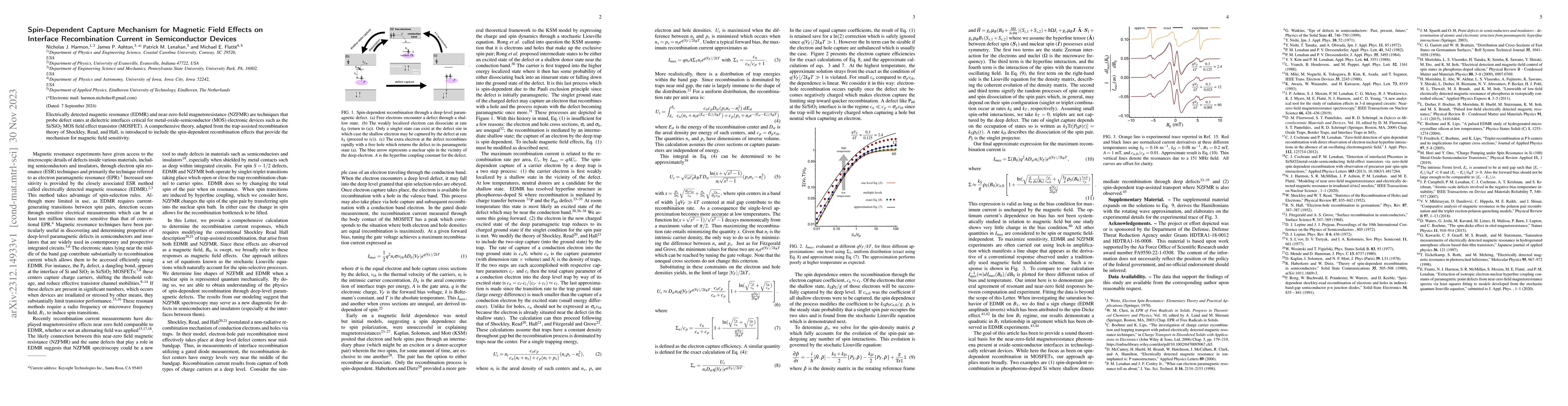 Thumbnail for Spin-Dependent Capture Mechanism for Magnetic Field Effects on Interface
  Recombination Current in Semiconductor Devices