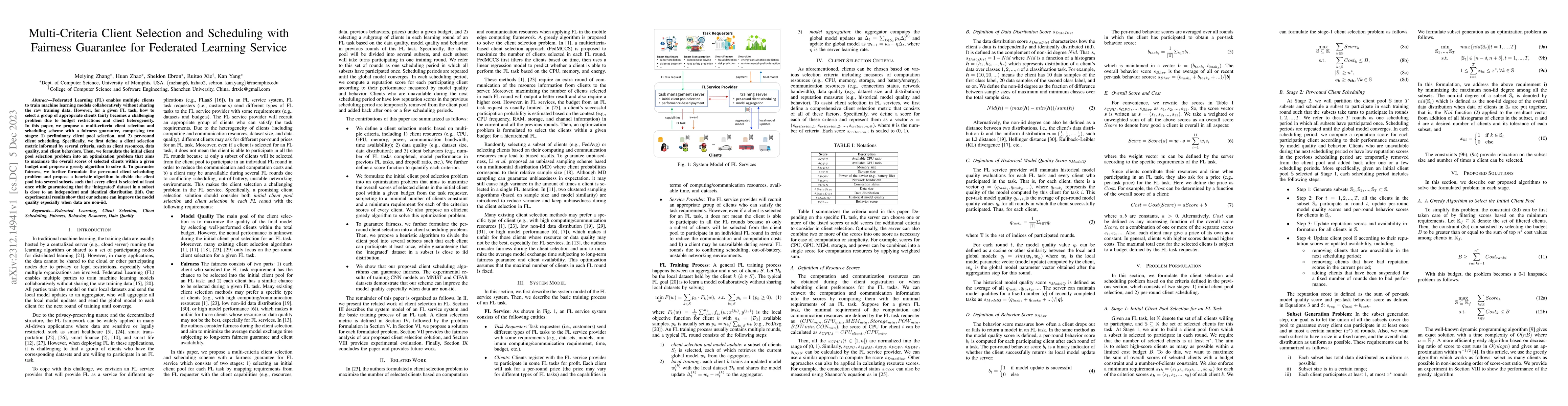 Thumbnail for Multi-Criteria Client Selection and Scheduling with Fairness Guarantee
  for Federated Learning Service