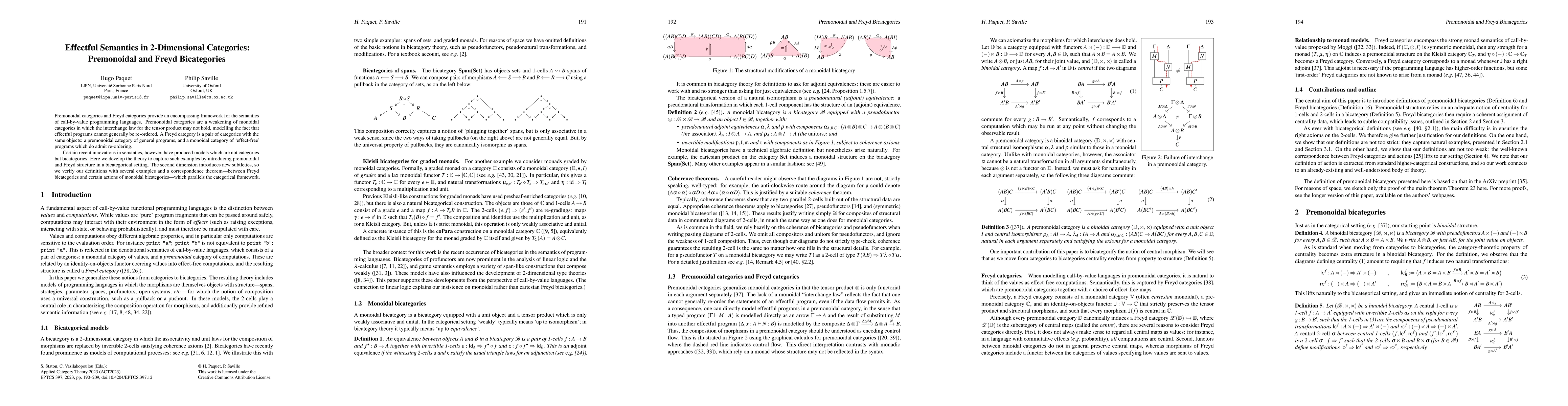 Thumbnail for Effectful Semantics in 2-Dimensional Categories: Premonoidal and Freyd
  Bicategories