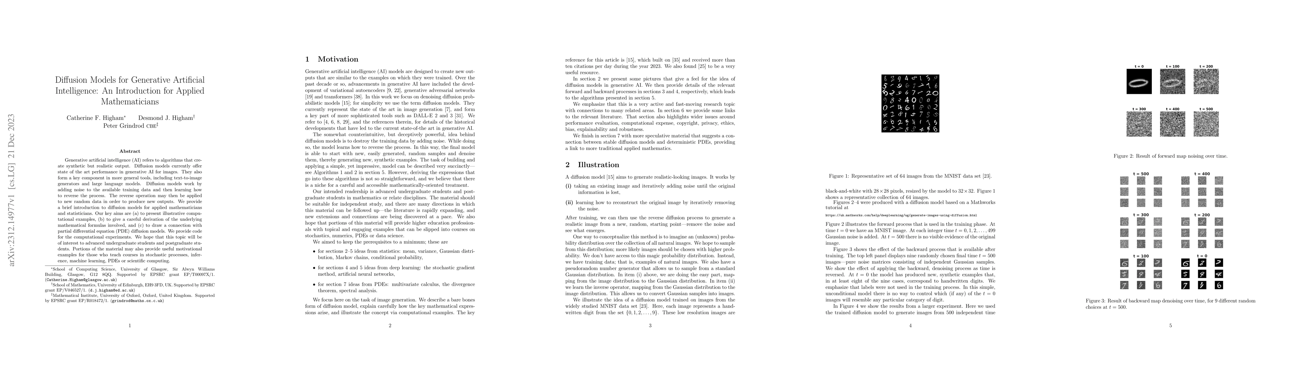 Thumbnail for Diffusion Models for Generative Artificial Intelligence: An Introduction
  for Applied Mathematicians