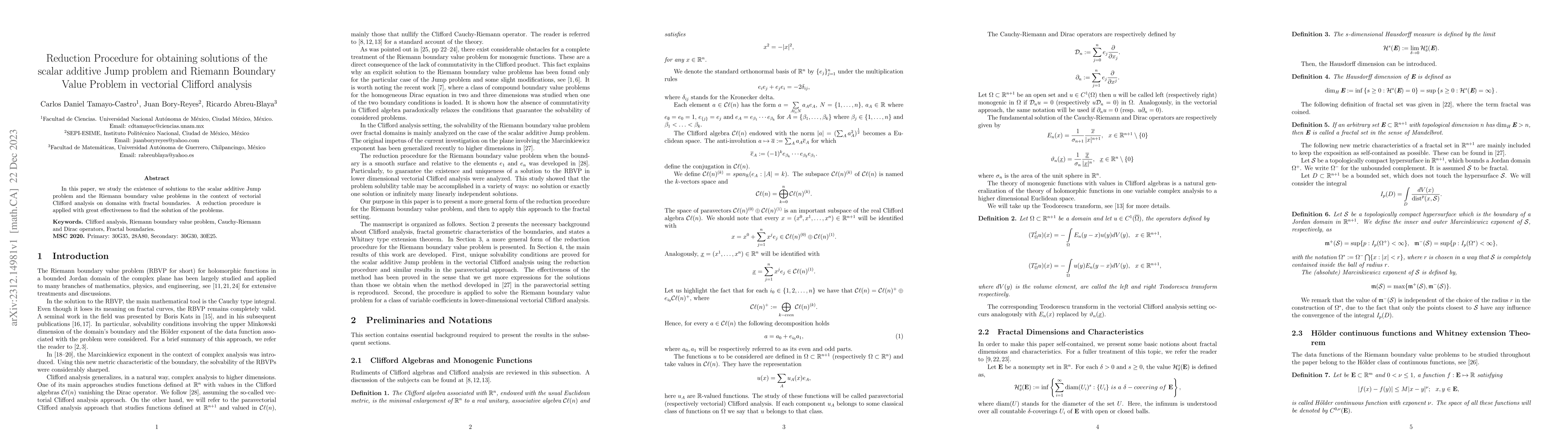 Thumbnail for Reduction Procedure for obtaining solutions of the scalar additive Jump
  problem and Riemann Boundary Value Problem in vectorial Clifford analysis