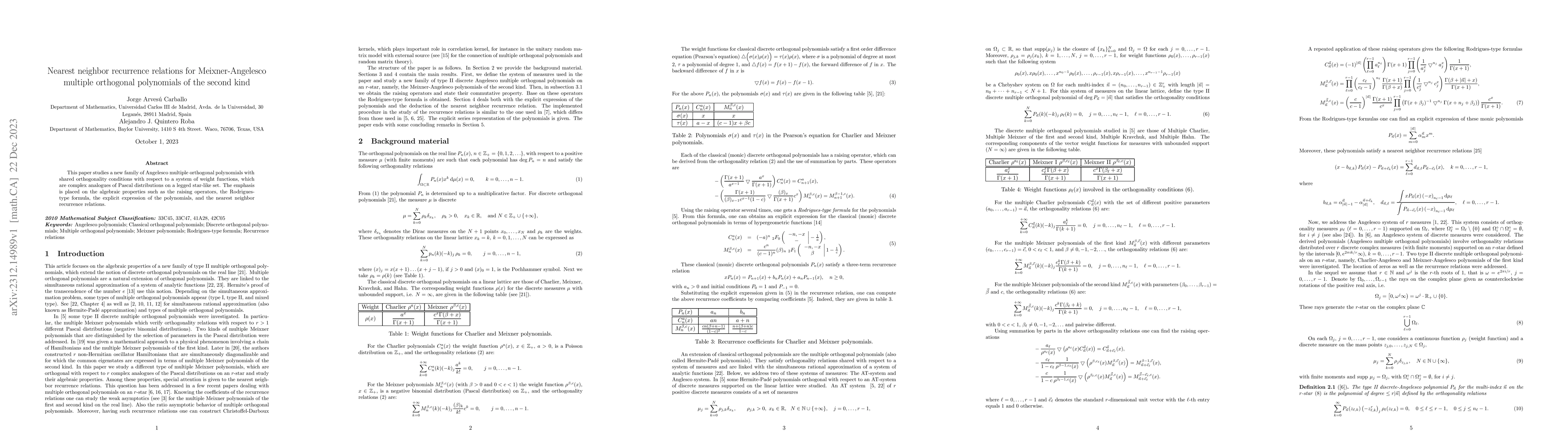 Thumbnail for Nearest neighbor recurrence relations for Meixner-Angelesco multiple
  orthogonal polynomials of the second kind