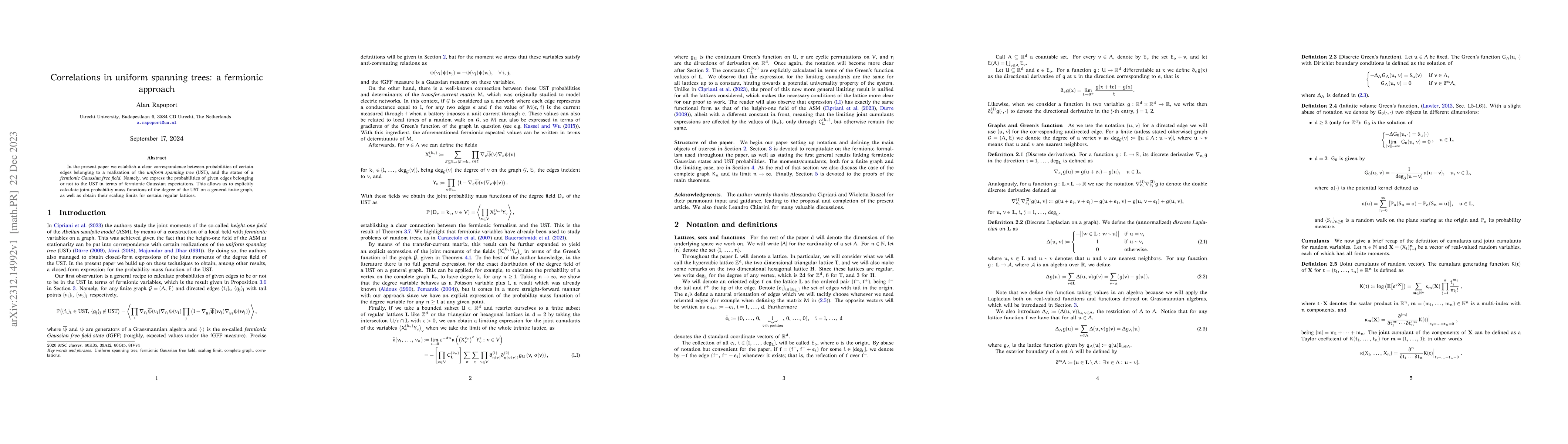 Thumbnail for Correlations in uniform spanning trees: a fermionic approach