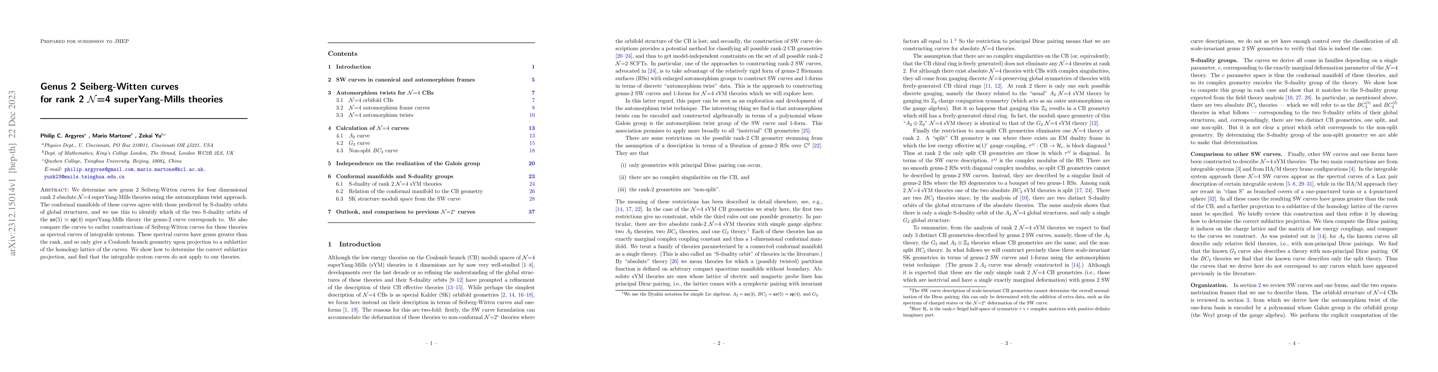 Thumbnail for Genus 2 Seiberg-Witten curves for rank 2 N=4 superYang-Mills theories