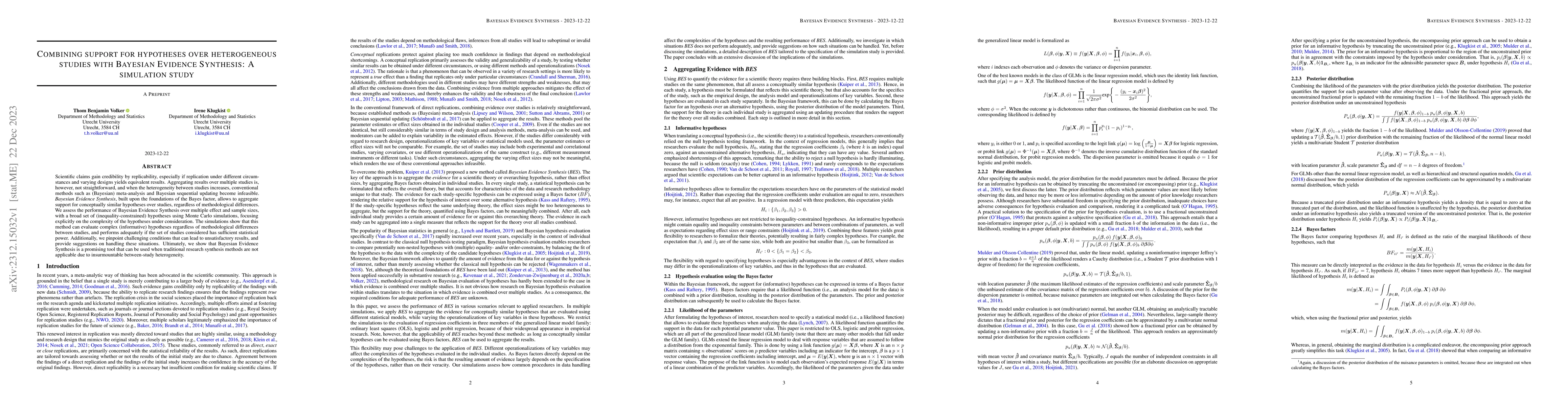 Thumbnail for Combining support for hypotheses over heterogeneous studies with
  Bayesian Evidence Synthesis: A simulation study