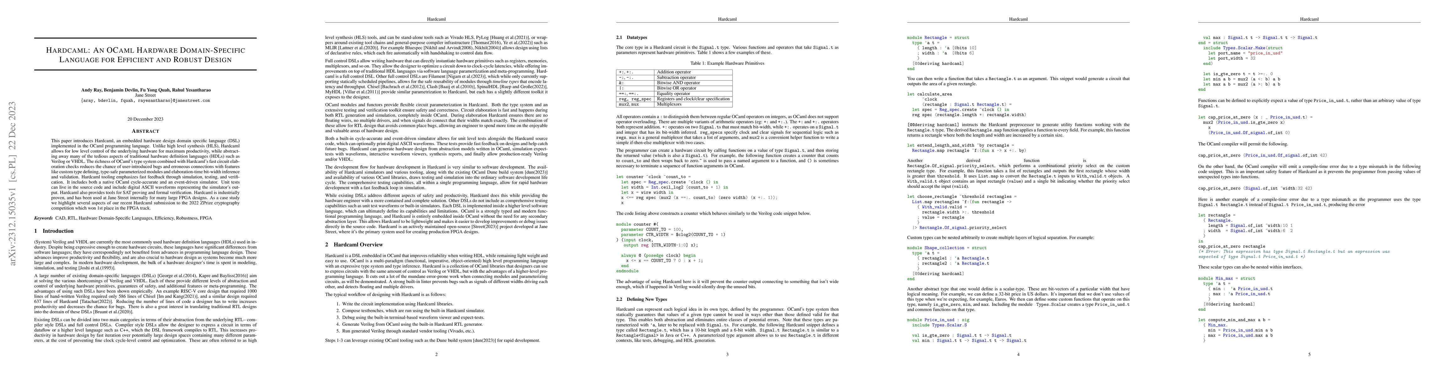 Thumbnail for Hardcaml: An OCaml Hardware Domain-Specific Language for Efficient and
  Robust Design