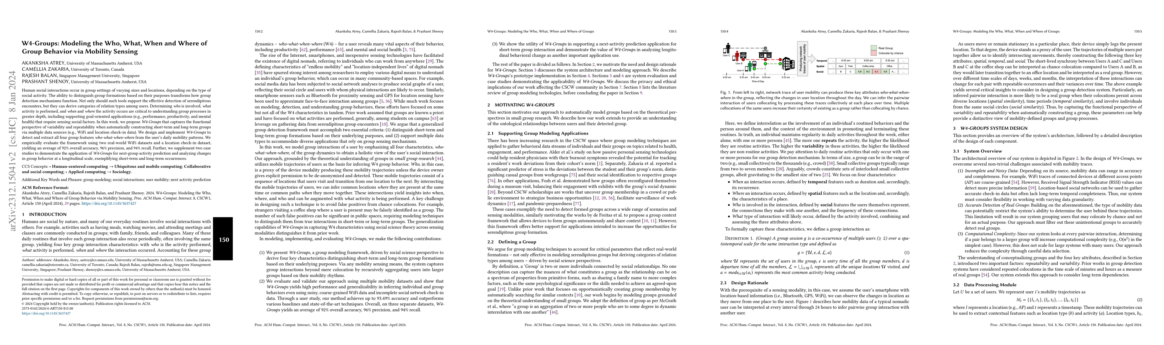 Thumbnail for W4-Groups: Modeling the Who, What, When and Where of Group Behavior via
  Mobility Sensing