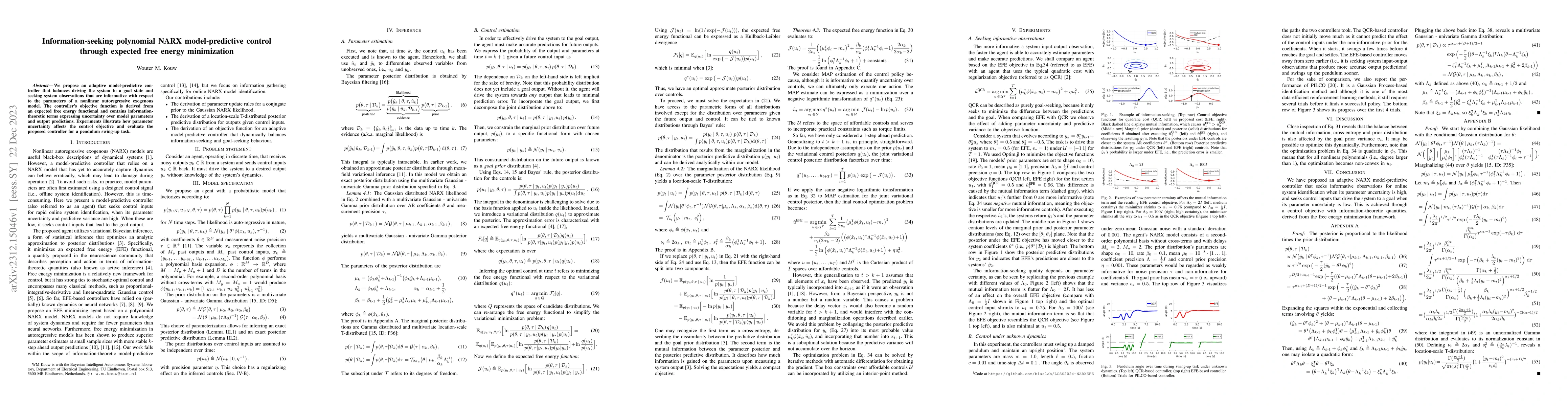Thumbnail for Information-seeking polynomial NARX model-predictive control through
  expected free energy minimization