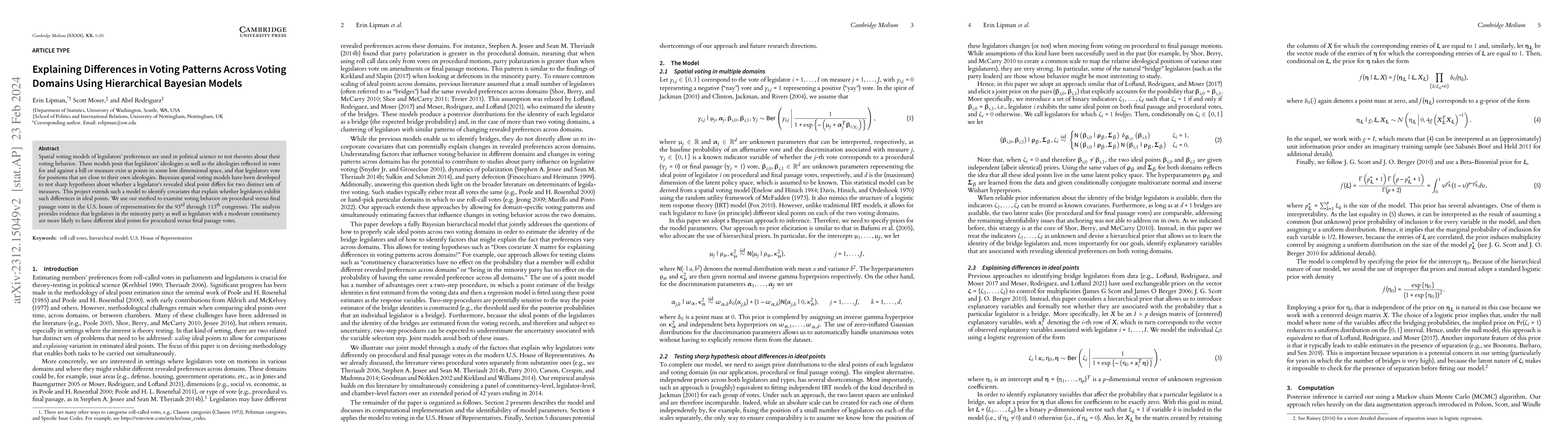 Thumbnail for Explaining Differences in Voting Patterns Across Voting Domains Using
  Hierarchical Bayesian Models