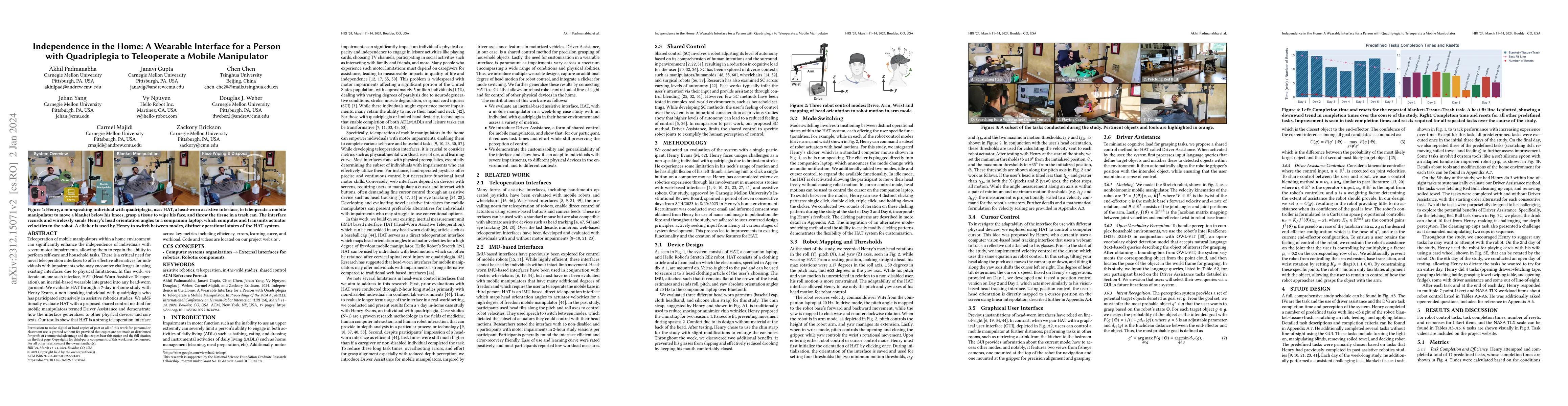 Thumbnail for Independence in the Home: A Wearable Interface for a Person with
  Quadriplegia to Teleoperate a Mobile Manipulator