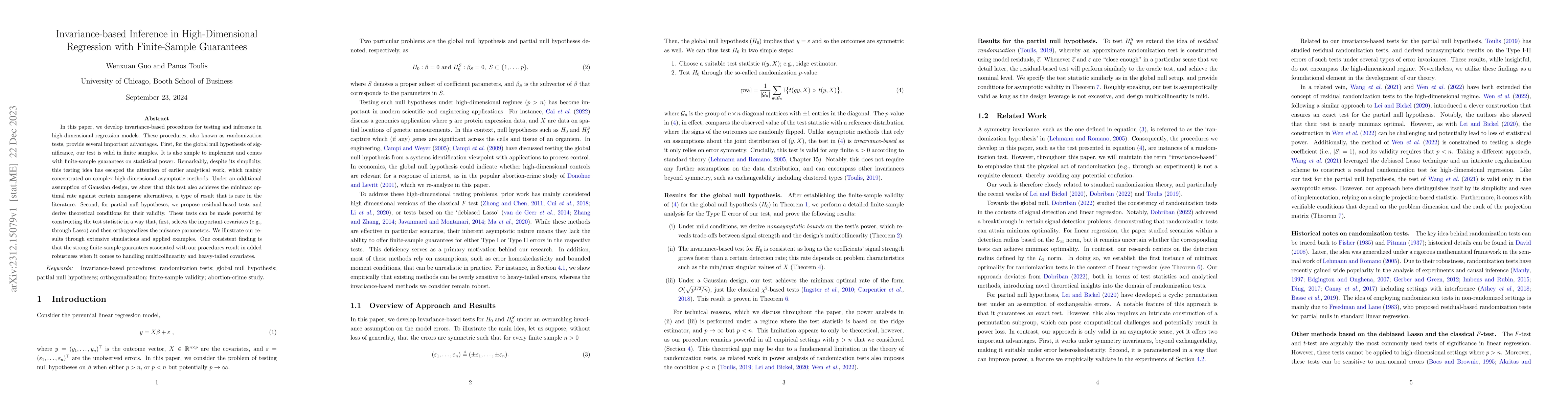 Thumbnail for Invariance-based Inference in High-Dimensional Regression with
  Finite-Sample Guarantees