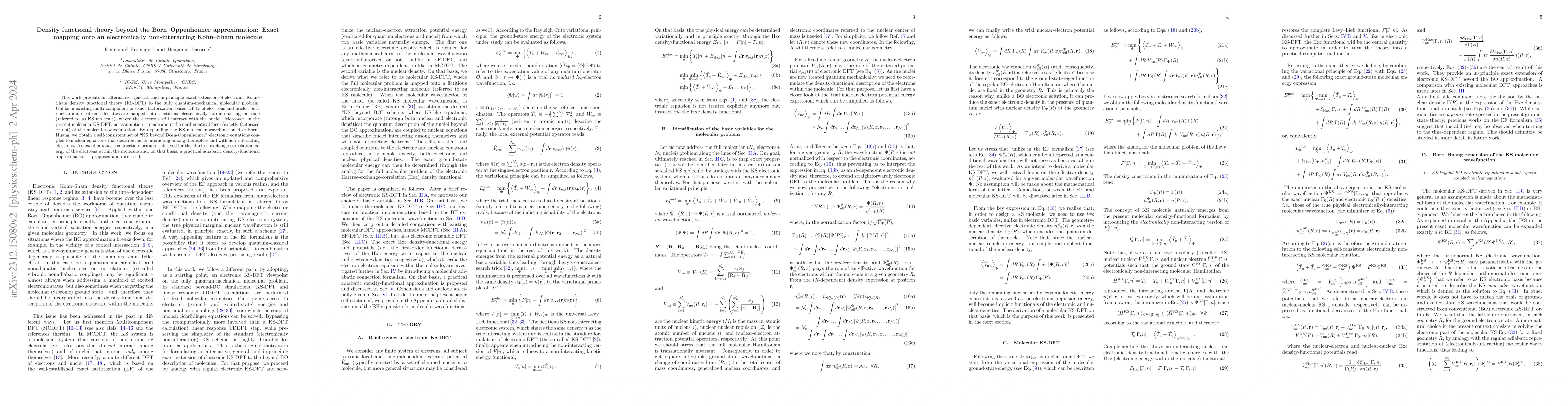 Thumbnail for Density functional theory beyond the Born-Oppenheimer approximation:
  Exact mapping onto an electronically non-interacting Kohn-Sham molecule