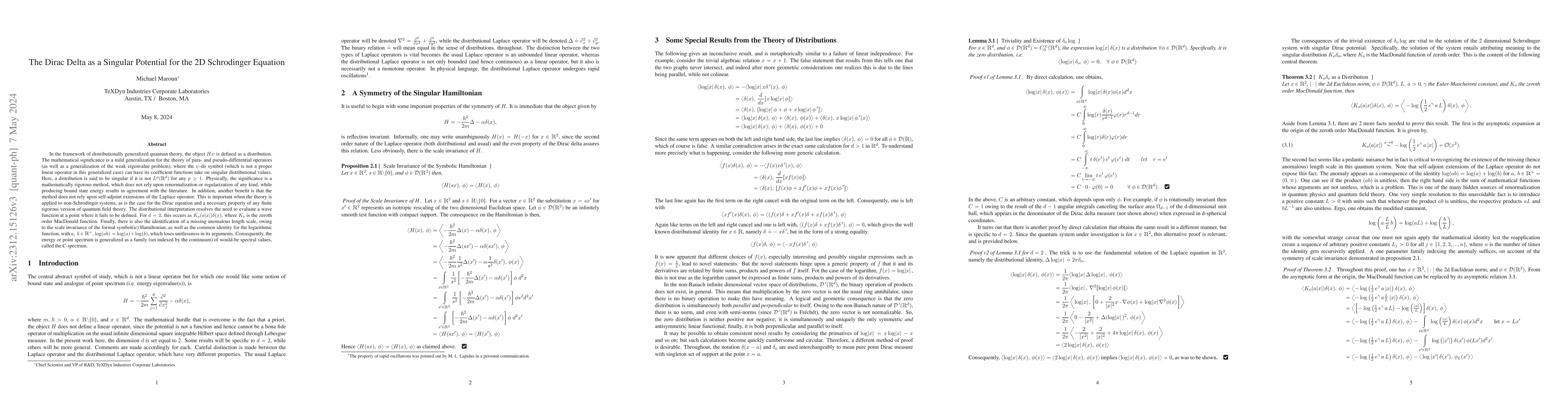 Thumbnail for The Dirac Delta as a Singular Potential for the 2D Schrodinger Equation