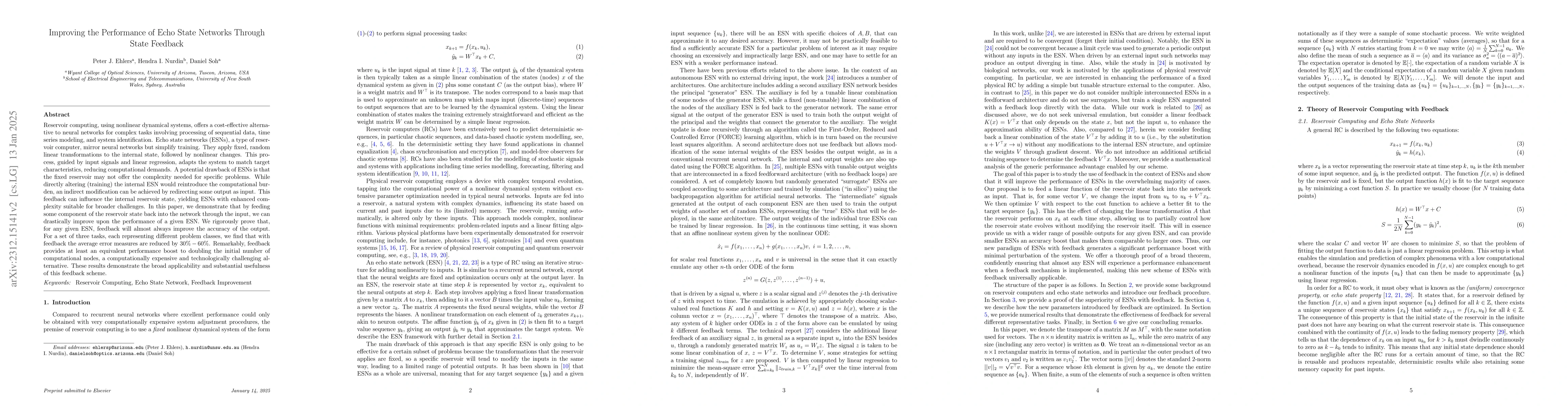 Thumbnail for Improving the Performance of Echo State Networks Through Feedback