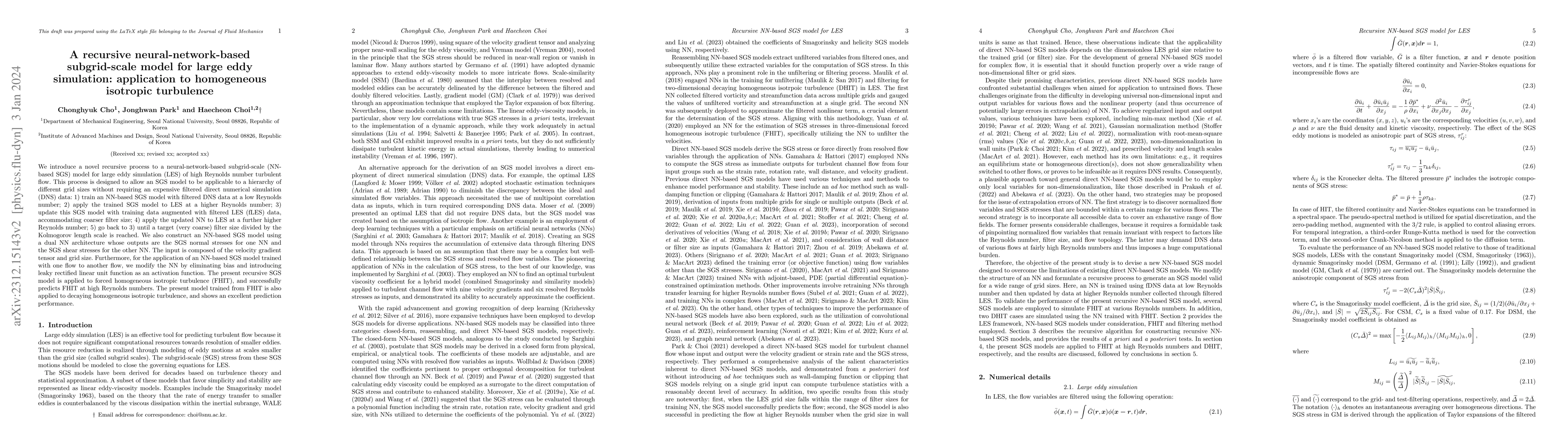 Thumbnail for A recursive neural-network-based subgrid-scale model for large eddy
  simulation: application to homogeneous isotropic turbulence