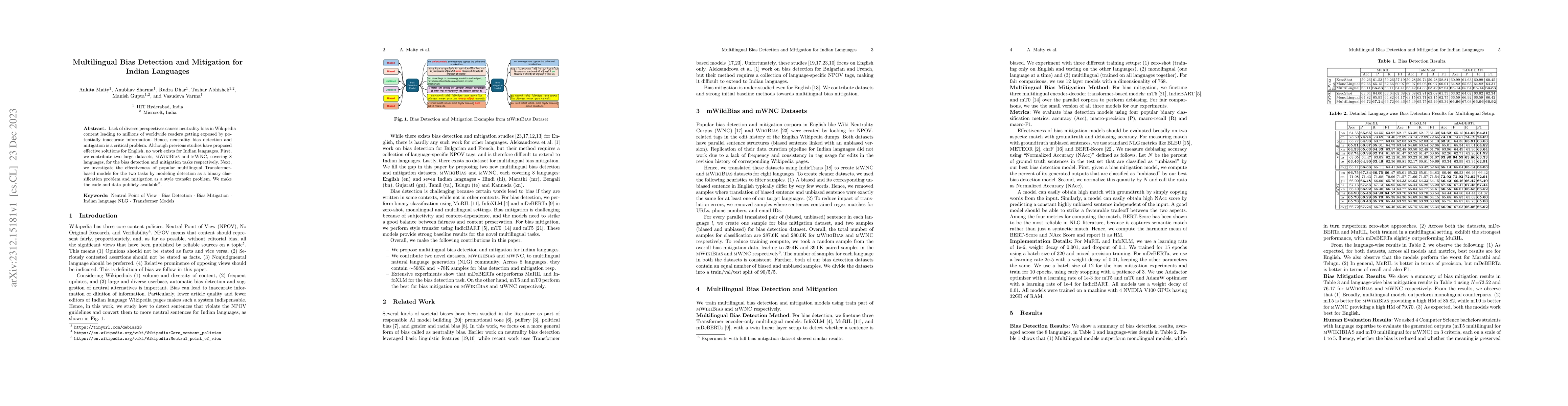 Thumbnail for Multilingual Bias Detection and Mitigation for Indian Languages