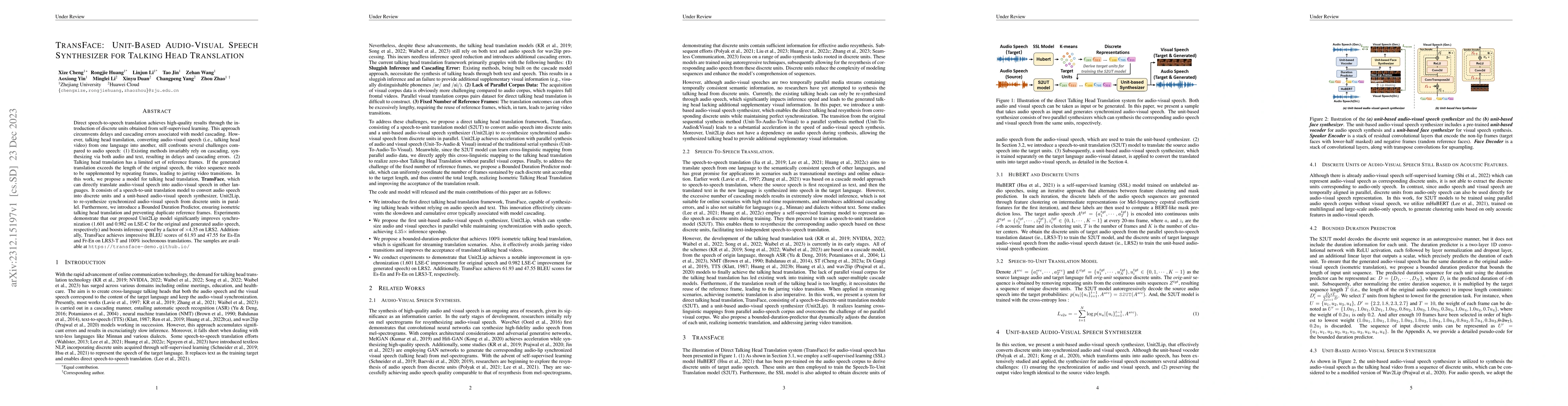 Thumbnail for TransFace: Unit-Based Audio-Visual Speech Synthesizer for Talking Head
  Translation