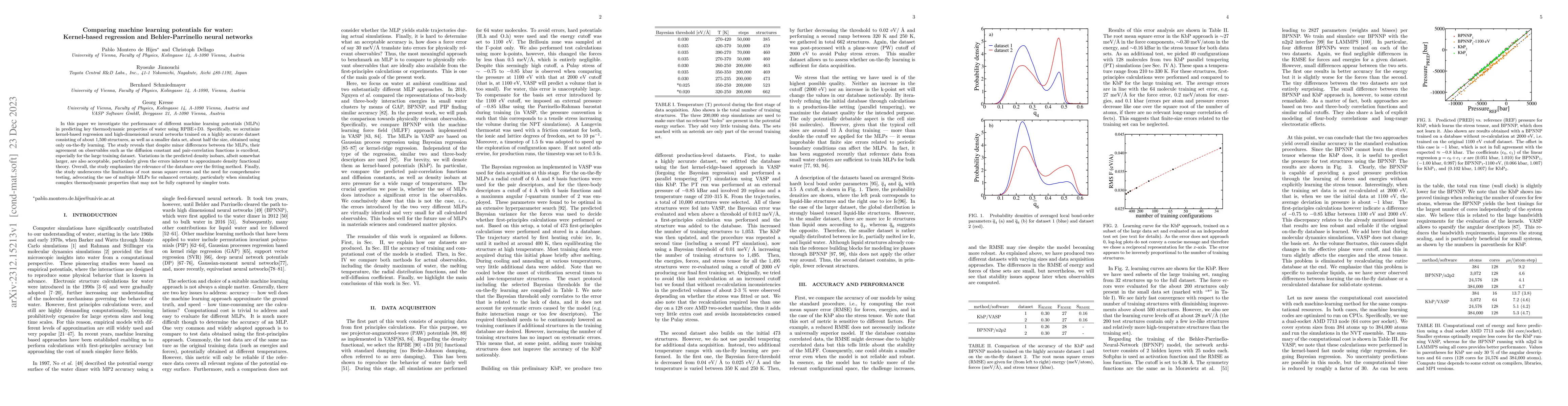 Thumbnail for Comparing machine learning potentials for water: Kernel-based regression
  and Behler-Parrinello neural networks