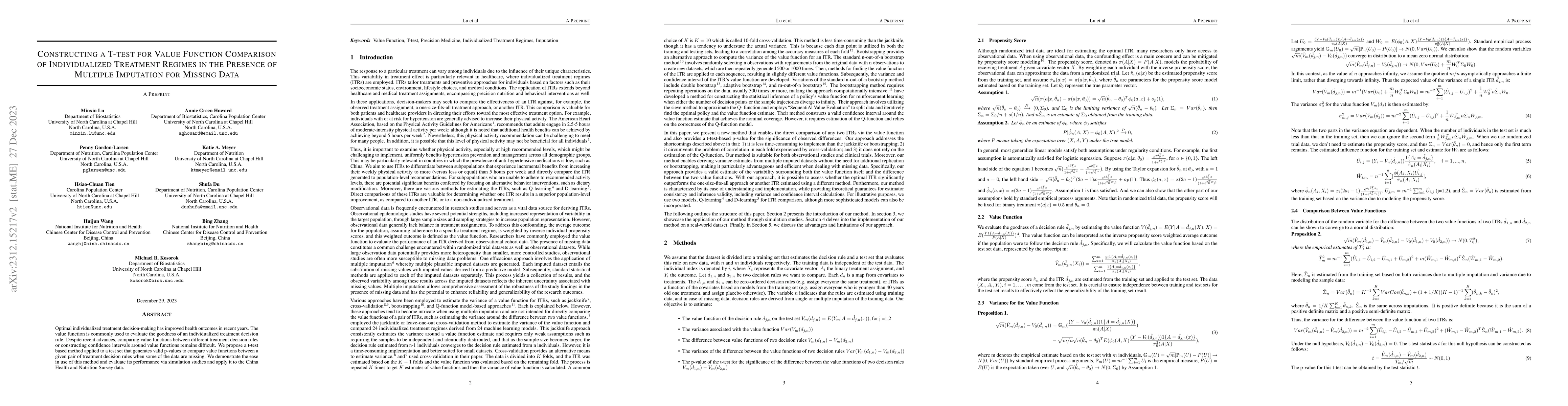 Thumbnail for Constructing a T-test for Value Function Comparison of Individualized
  Treatment Regimes in the Presence of Multiple Imputation for Missing Data