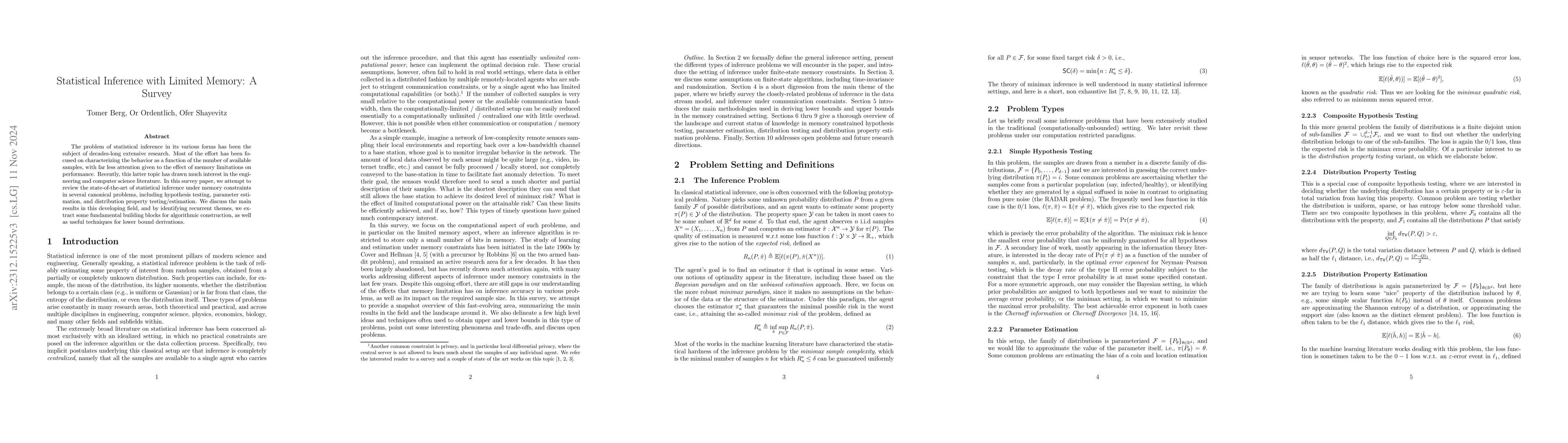 Thumbnail for Statistical Inference with Limited Memory: A Survey