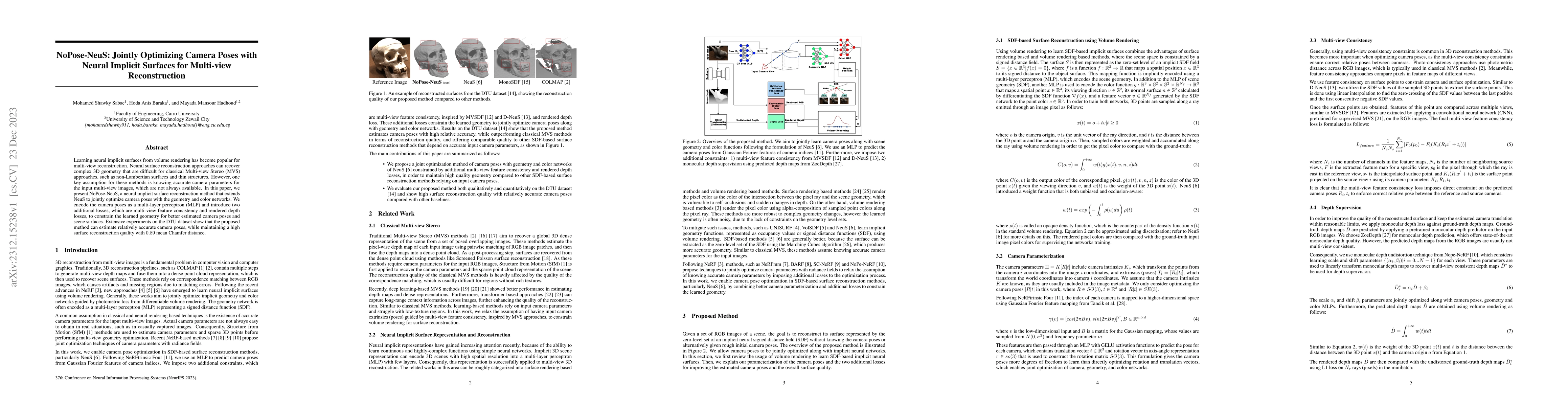 Thumbnail for NoPose-NeuS: Jointly Optimizing Camera Poses with Neural Implicit
  Surfaces for Multi-view Reconstruction