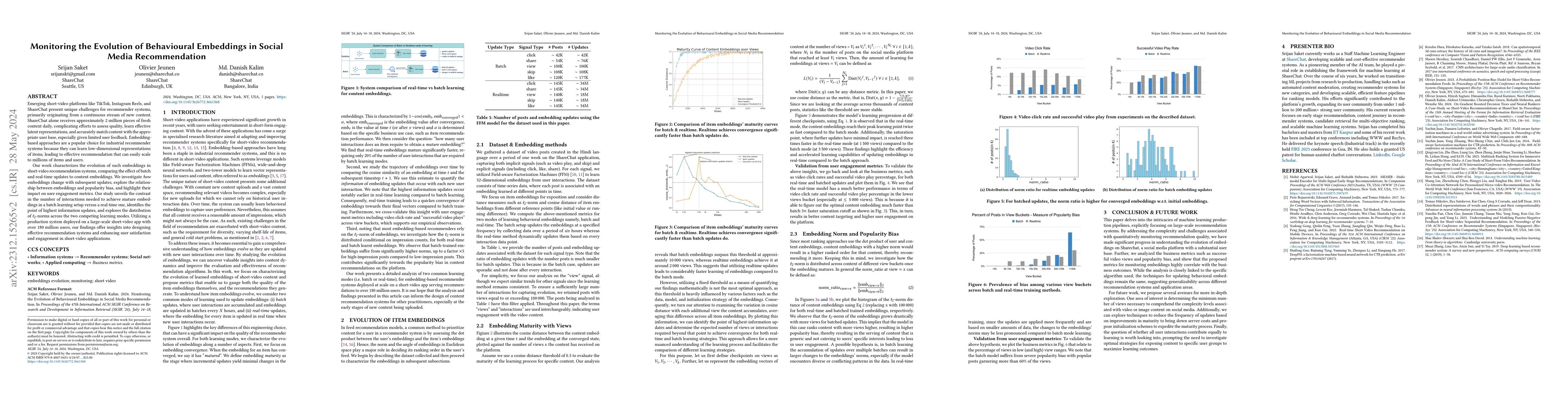 Thumbnail for Monitoring the Evolution of Behavioural Embeddings in Social Media
  Recommendation