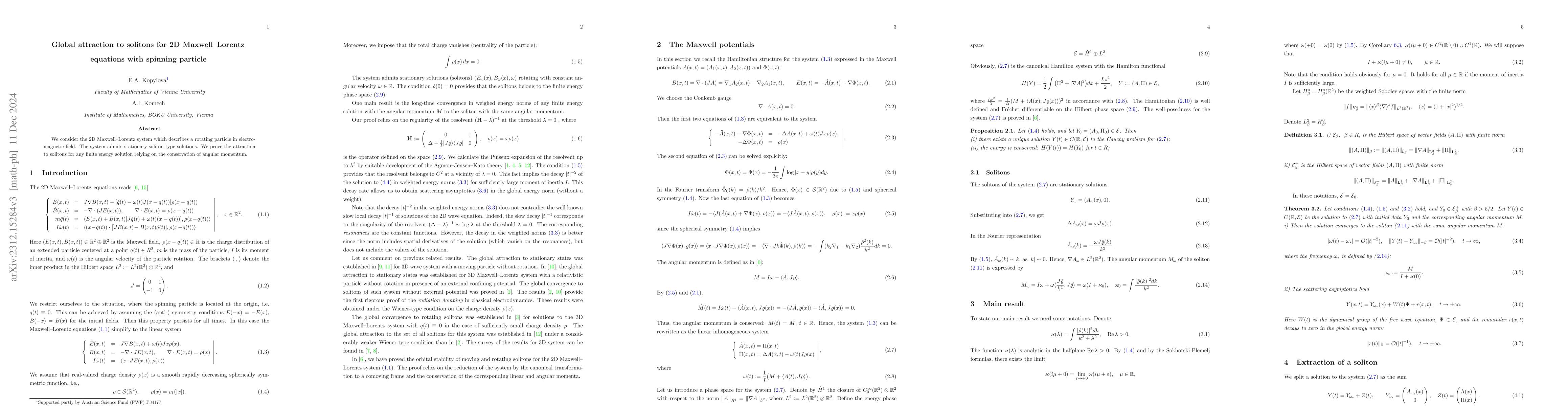 Thumbnail for Global attraction to solitons for 2D Maxwell--Lorentz equations with
  spinning particle