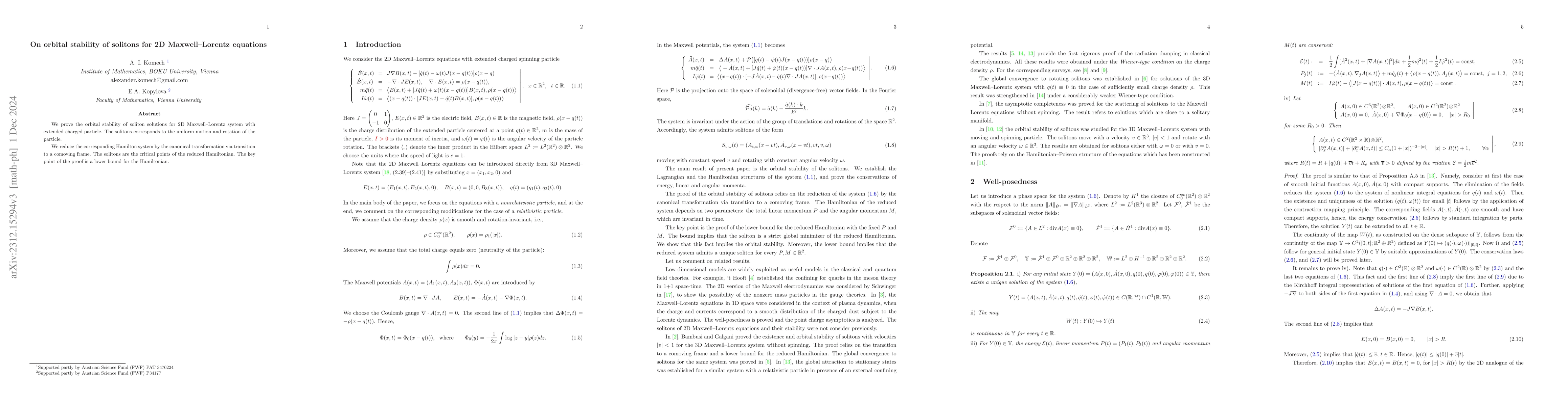 Thumbnail for On orbital stability of solitons for 2D Maxwell-Lorentz equations