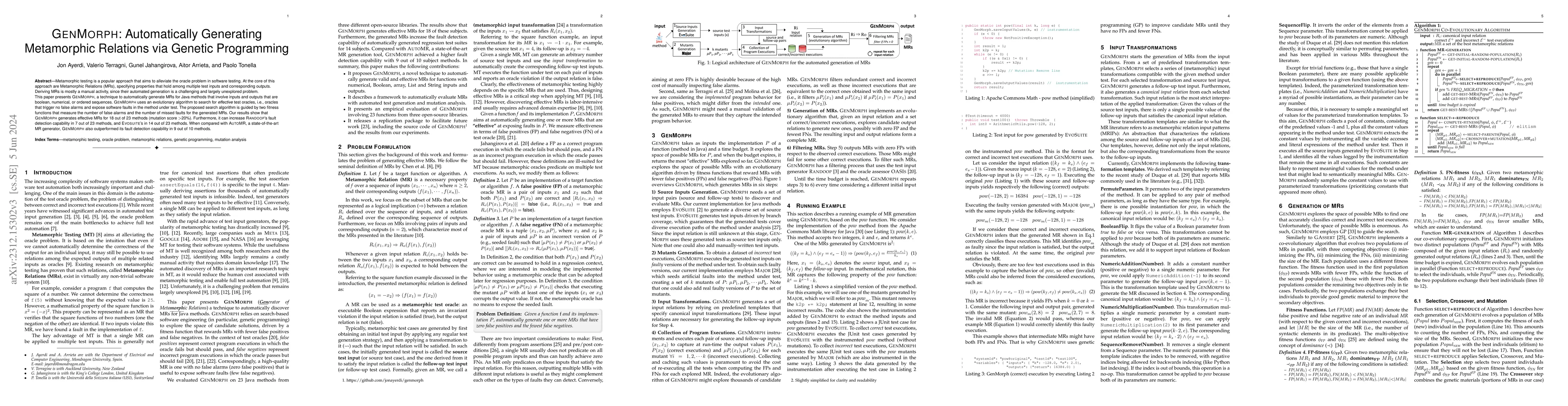 Thumbnail for GenMorph: Automatically Generating Metamorphic Relations via Genetic
  Programming