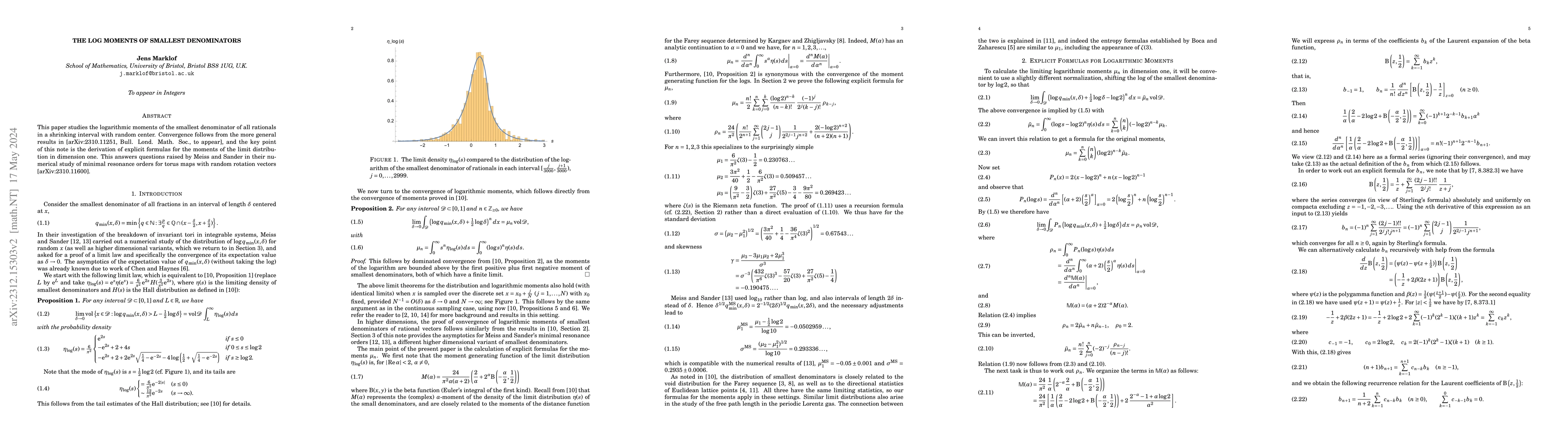 Thumbnail for The log moments of smallest denominators
