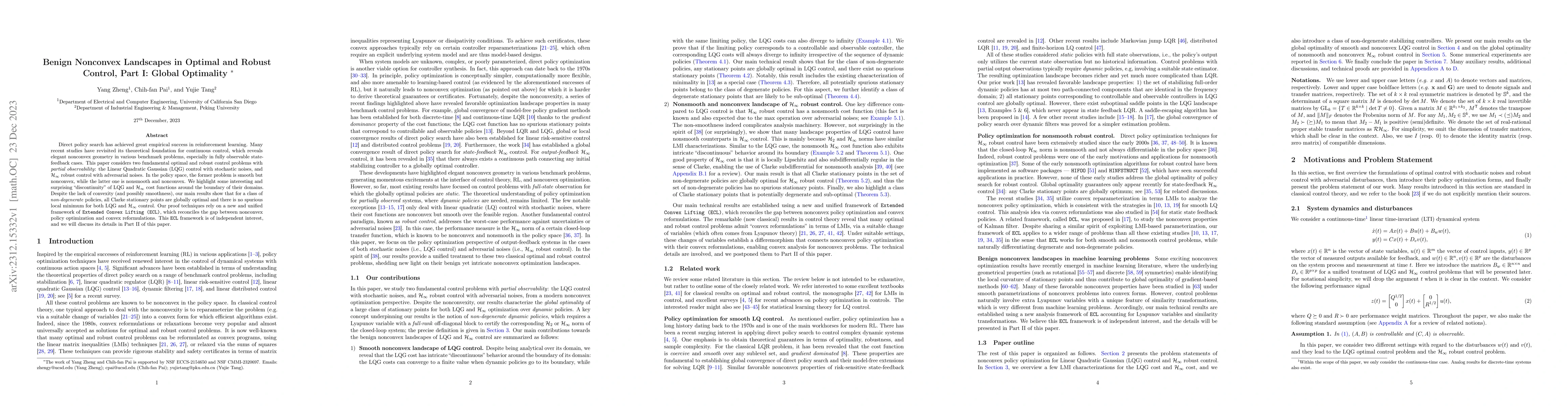 Thumbnail for Benign Nonconvex Landscapes in Optimal and Robust Control, Part I:
  Global Optimality