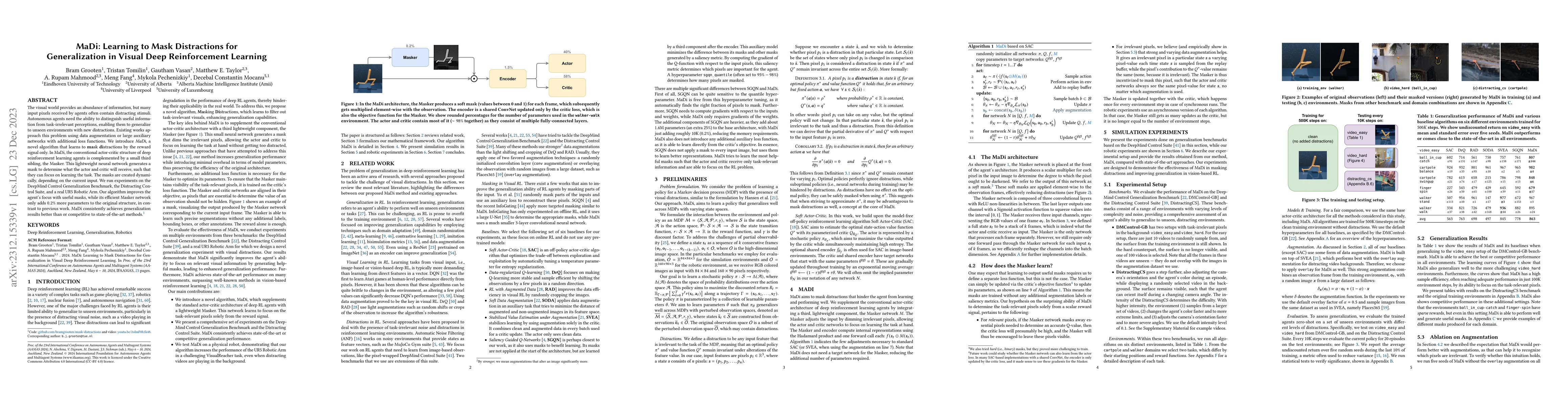 Thumbnail for MaDi: Learning to Mask Distractions for Generalization in Visual Deep
  Reinforcement Learning