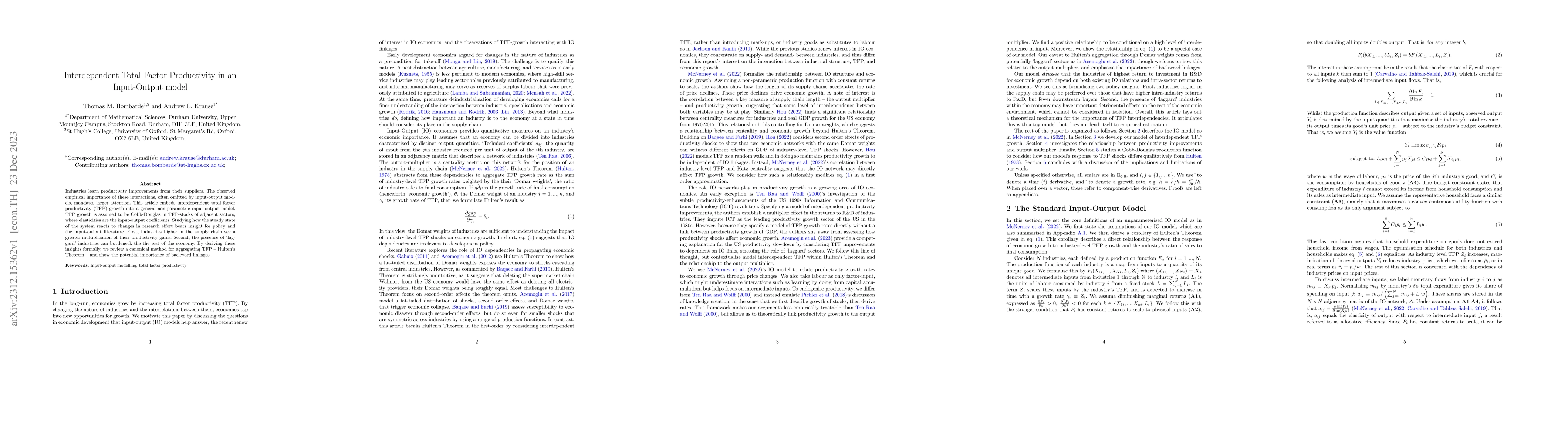 Thumbnail for Interdependent Total Factor Productivity in an Input-Output model