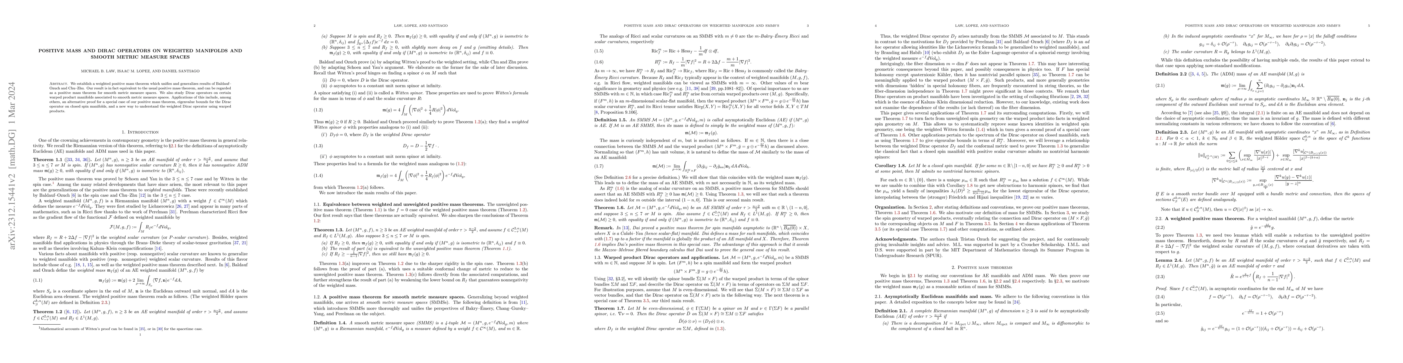 Thumbnail for Positive mass and Dirac operators on weighted manifolds and smooth
  metric measure spaces
