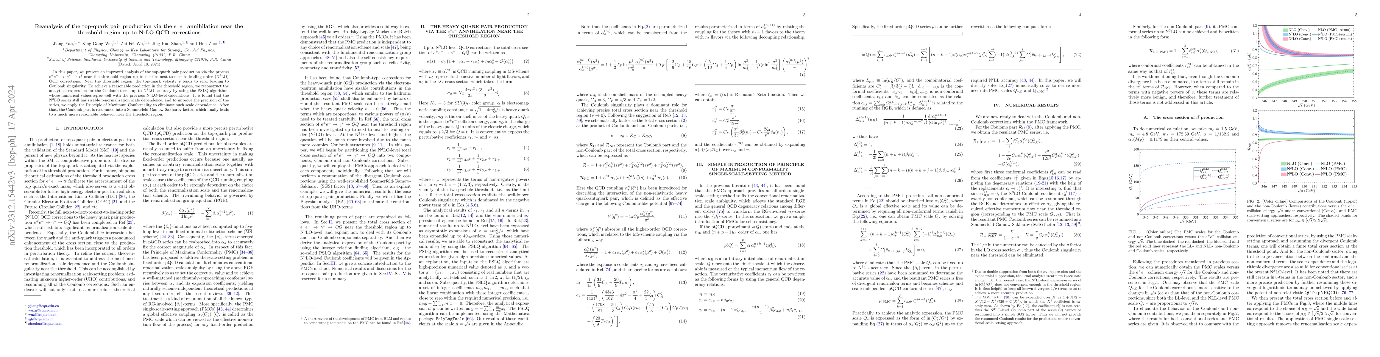 Thumbnail for Reanalysis of the top-quark pair production via the $e^+ e^-$
  annihilation near the threshold region up to N$^3$LO QCD corrections