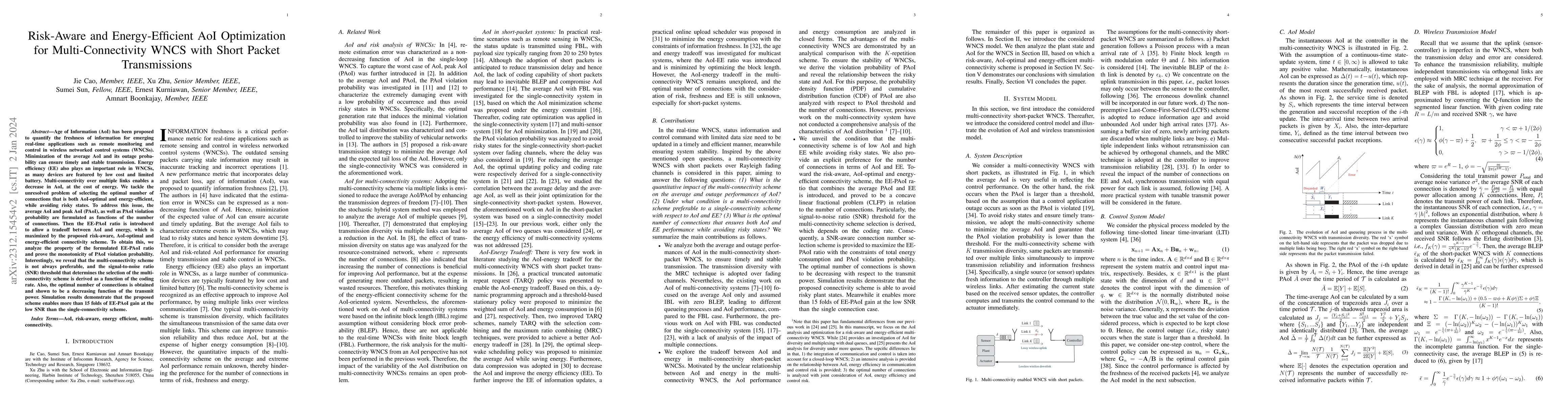 Thumbnail for Risk-Aware and Energy-Efficient AoI Optimization for Multi-Connectivity
  WNCS with Short Packet Transmissions