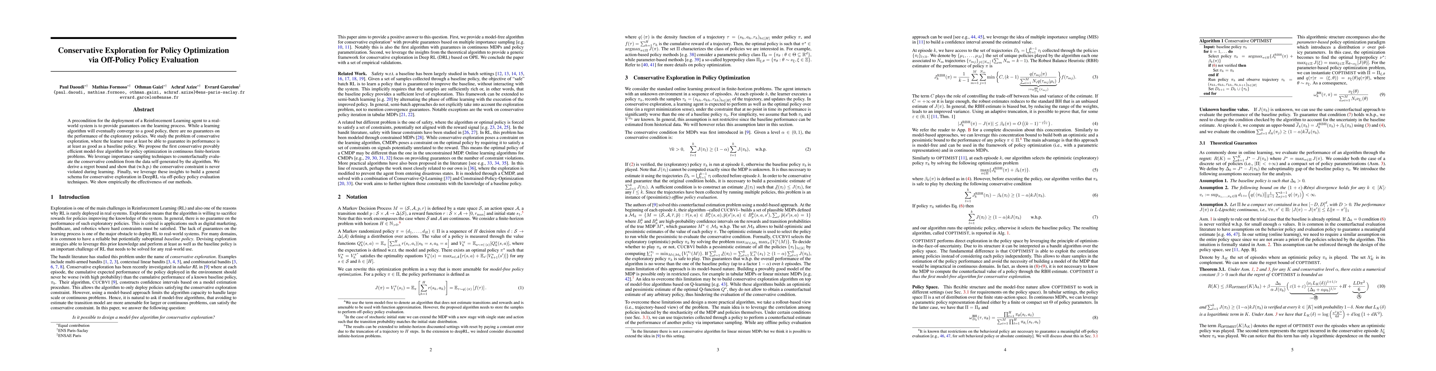 Thumbnail for Conservative Exploration for Policy Optimization via Off-Policy Policy
  Evaluation