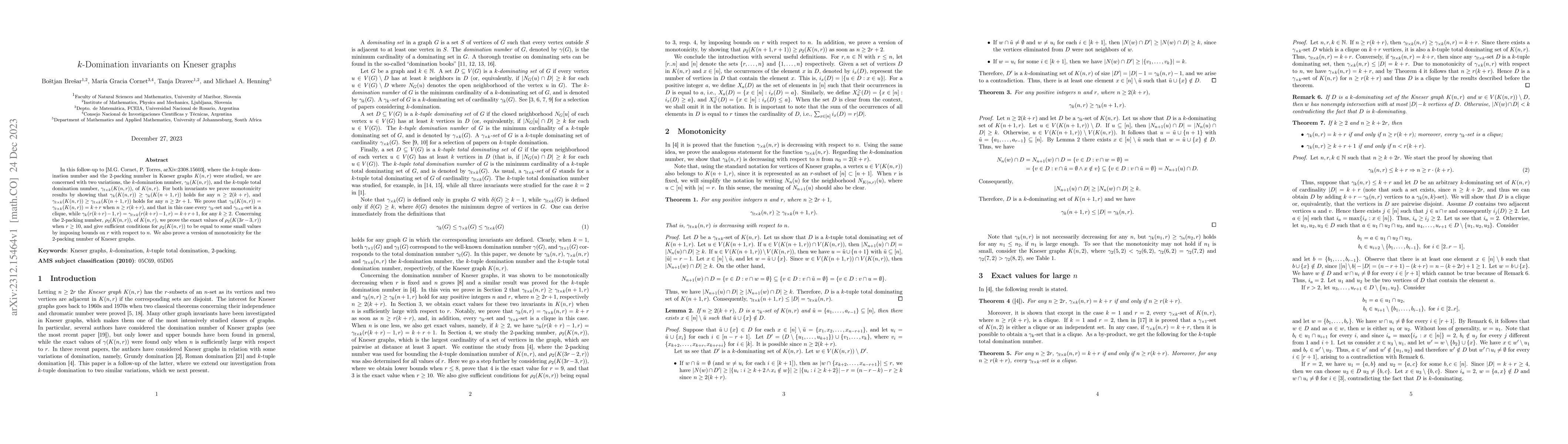 Thumbnail for $k$-Domination invariants on Kneser graphs