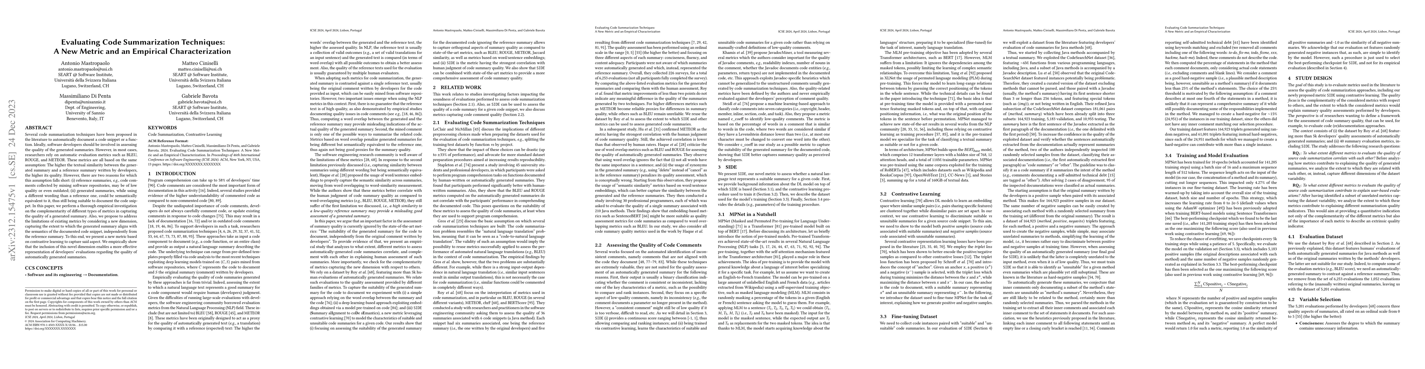Thumbnail for Evaluating Code Summarization Techniques: A New Metric and an Empirical
  Characterization