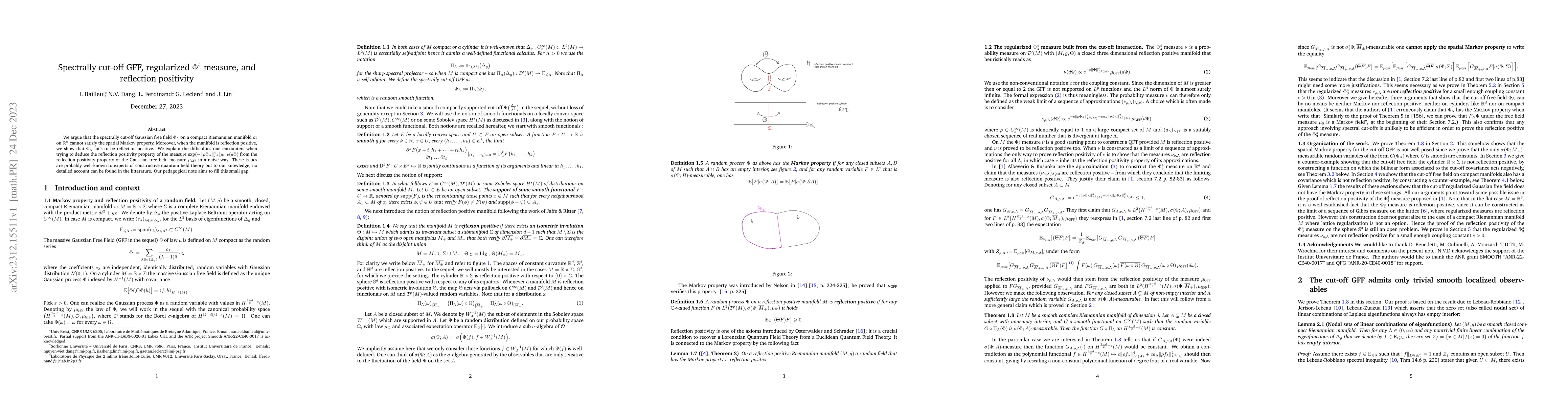 Thumbnail for Spectrally cut-off GFF, regularized $\Phi^4$ measure, and reflection
  positivity