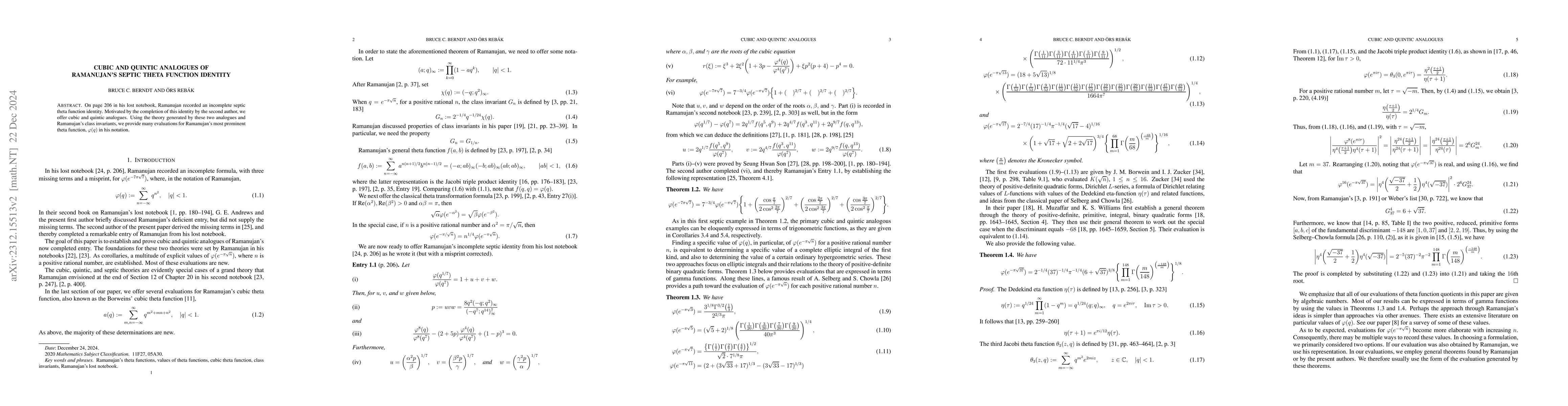 Thumbnail for Cubic and quintic analogues of Ramanujan's septic theta function
  identity
