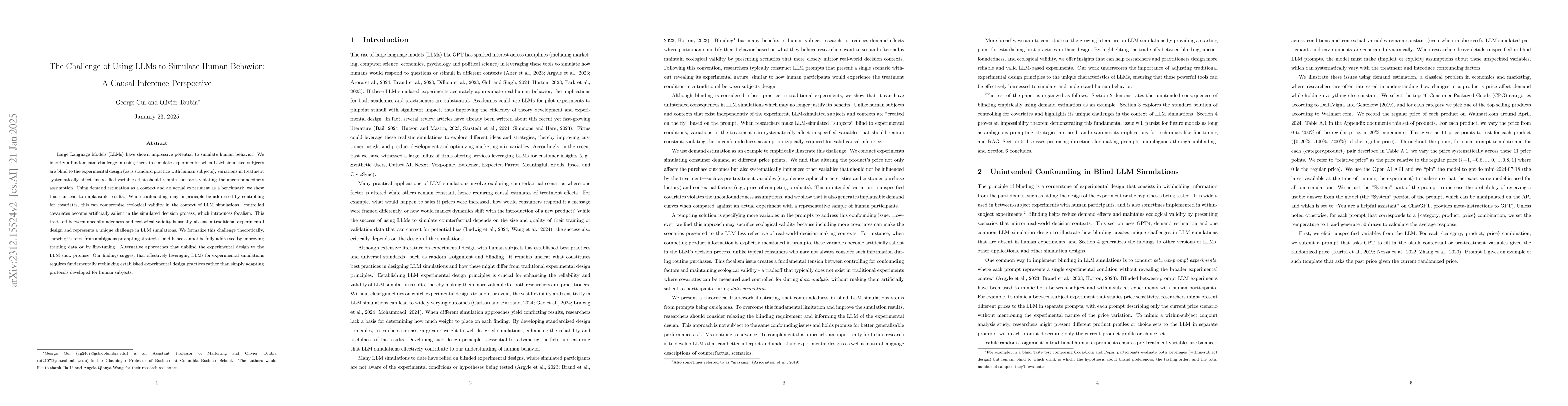 Thumbnail for The Challenge of Using LLMs to Simulate Human Behavior: A Causal
  Inference Perspective