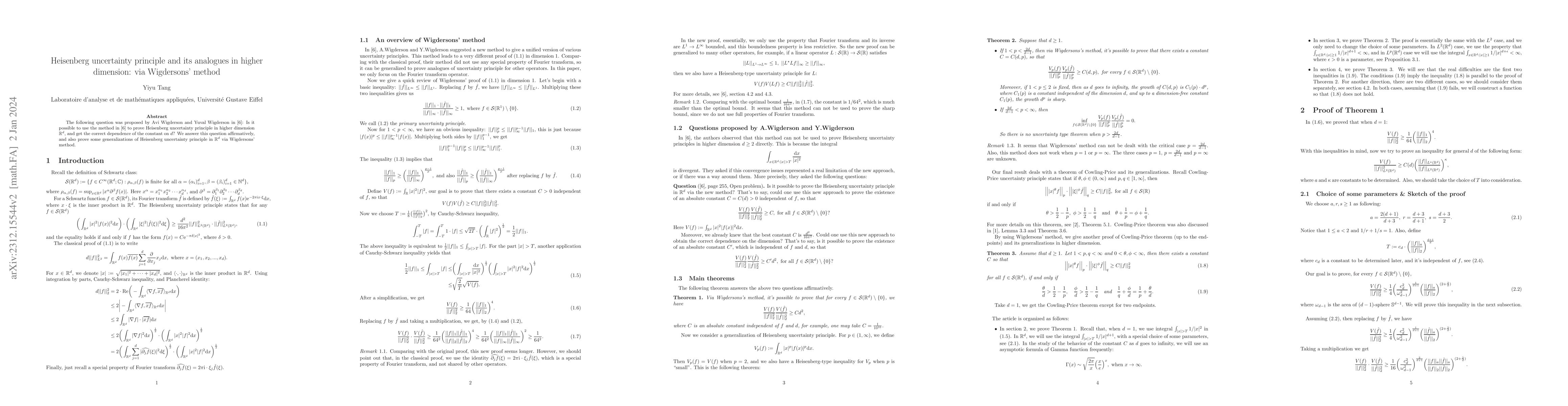 Thumbnail for Heisenberg uncertainty principle and its analogues in higher dimension:
  via Wigdersons' method