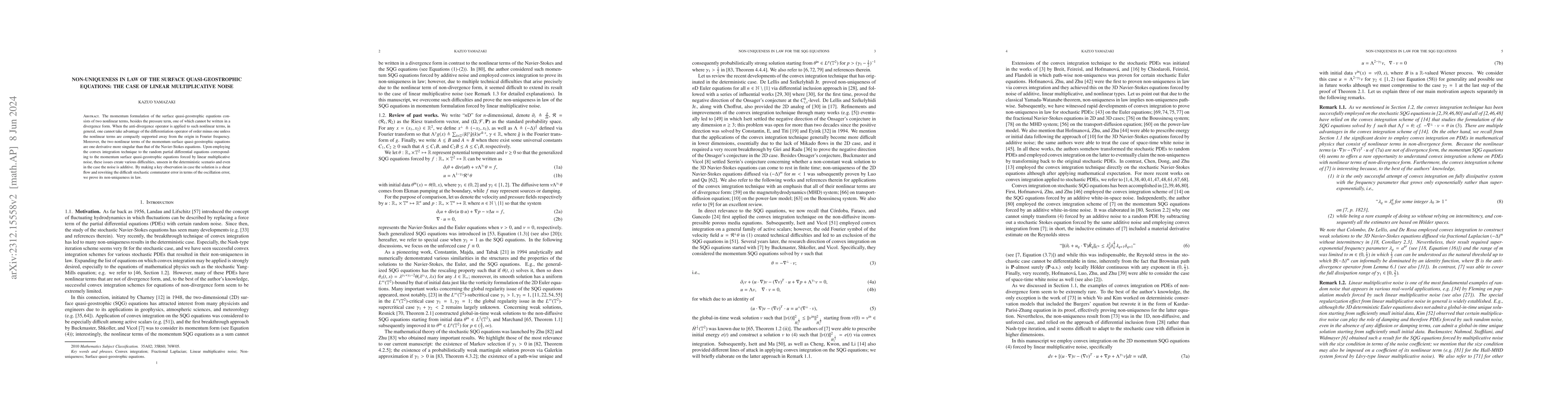 Thumbnail for Non-uniqueness in law of the surface quasi-geostrophic equations: the
  case of linear multiplicative noise