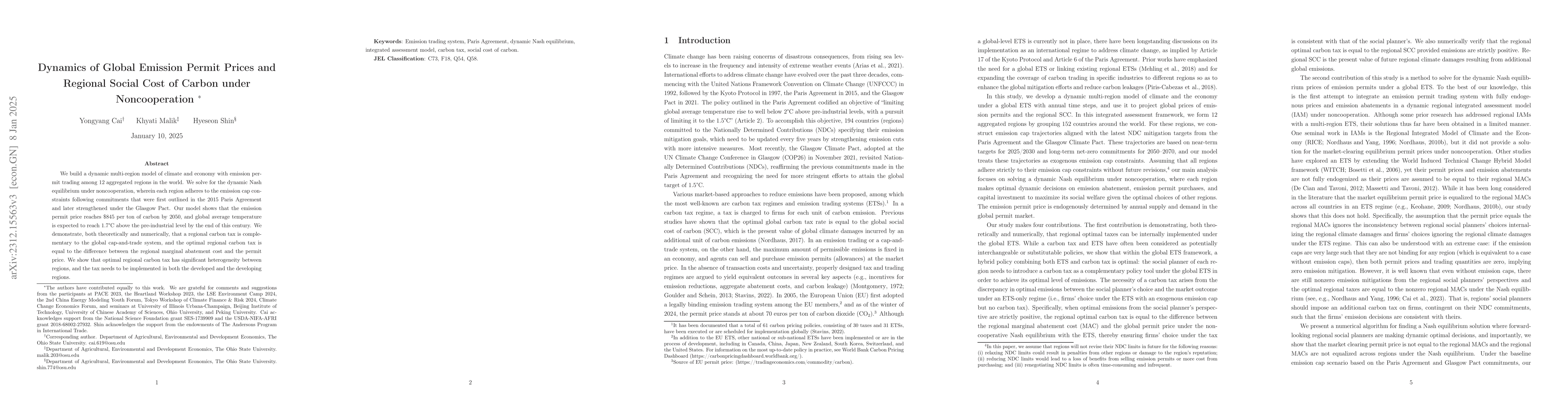 Thumbnail for Dynamics of Global Emission Permit Prices and Regional Social Cost of
  Carbon under Noncooperation