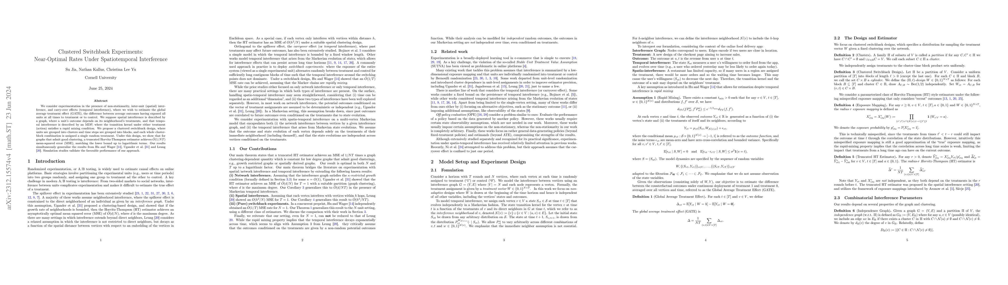 Thumbnail for Clustered Switchback Experiments: Near-Optimal Rates Under
  Spatiotemporal Interference